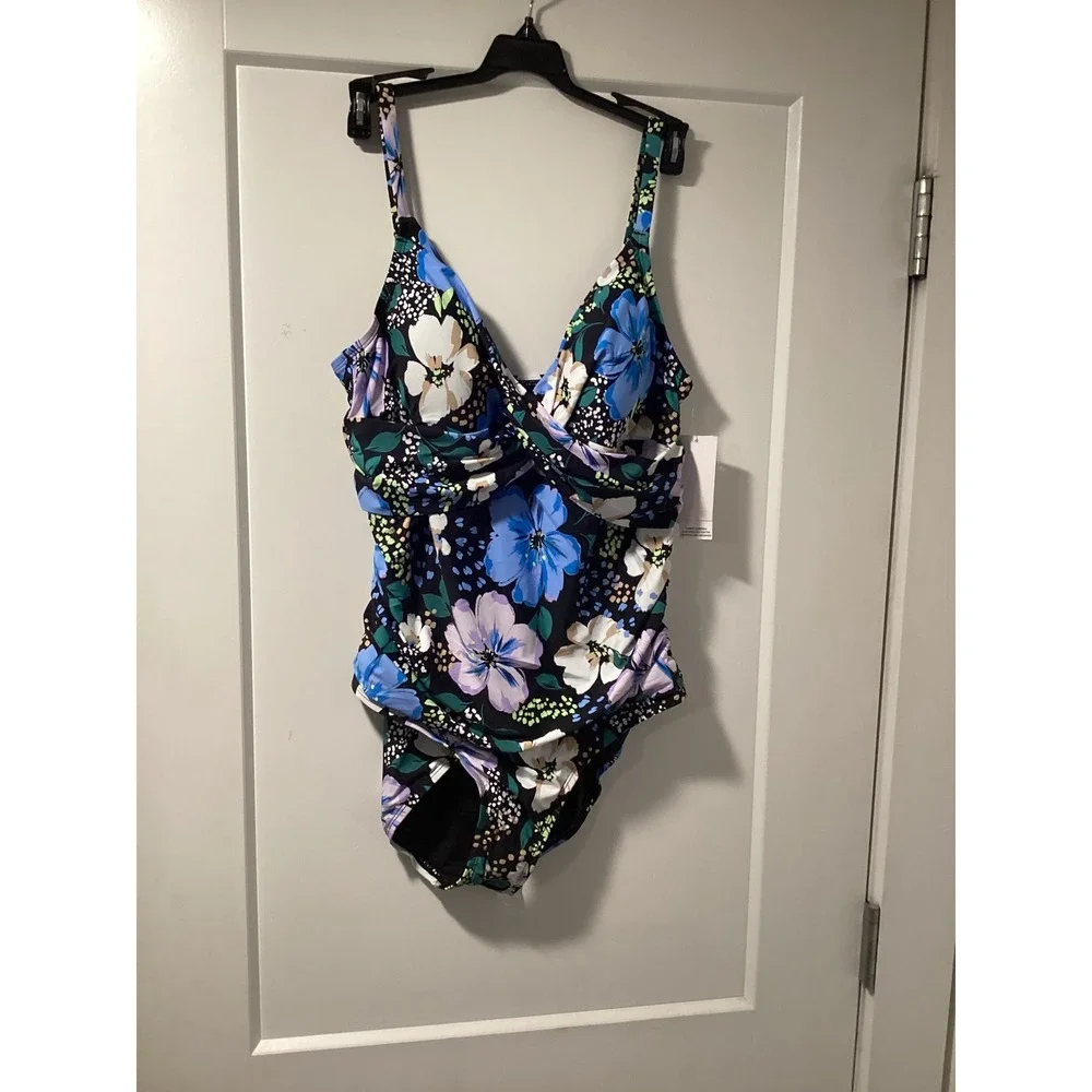 Jantzen Womens Floral Breeze‎ One Piece Swimsuit Tummy Control Black Blue 14 NEW